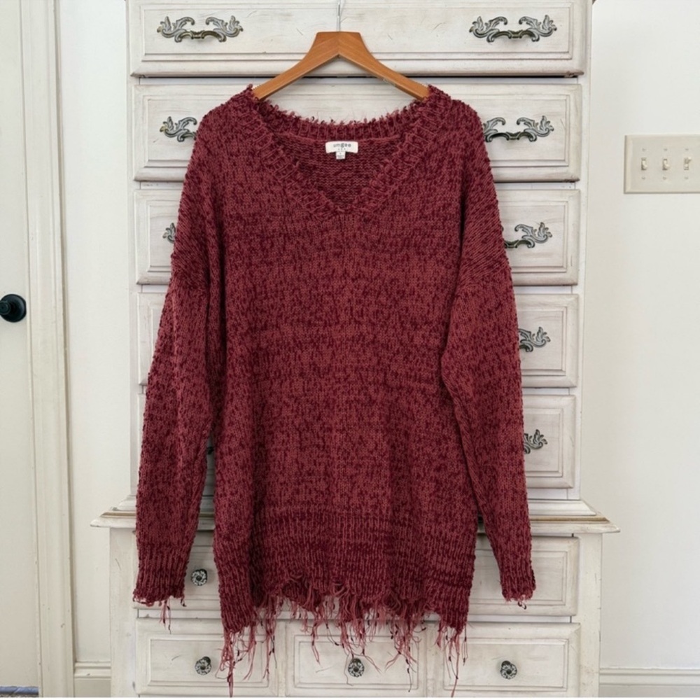 Red Oversized Popcorn Distressed Sweater